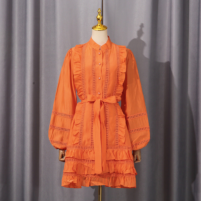Spring Waist Controlled Short Skirt Stitching Single Breasted Vacation Lace up Dress Women Short Women Clothing