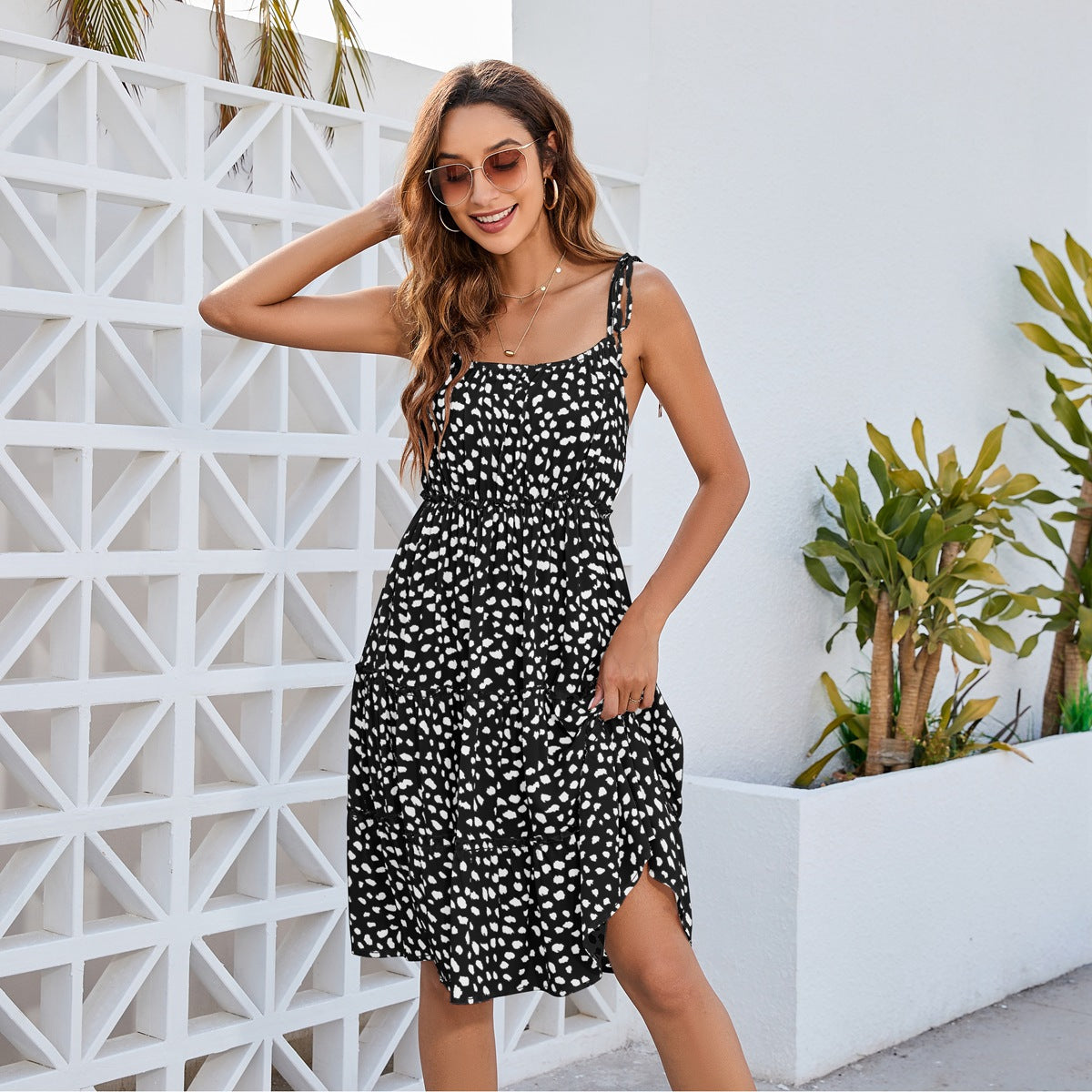 Strap Floral Print Dress Leopard Print Polka Dot Women