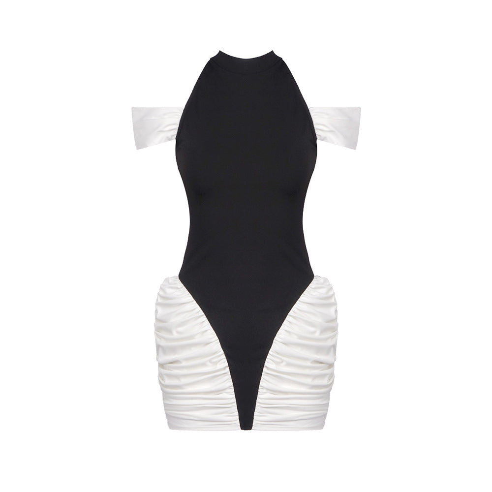 Summer Women Clothing Color Contrast Patchwork Sexy Hourglass Pleated Halter Dress Sleeveless Dress