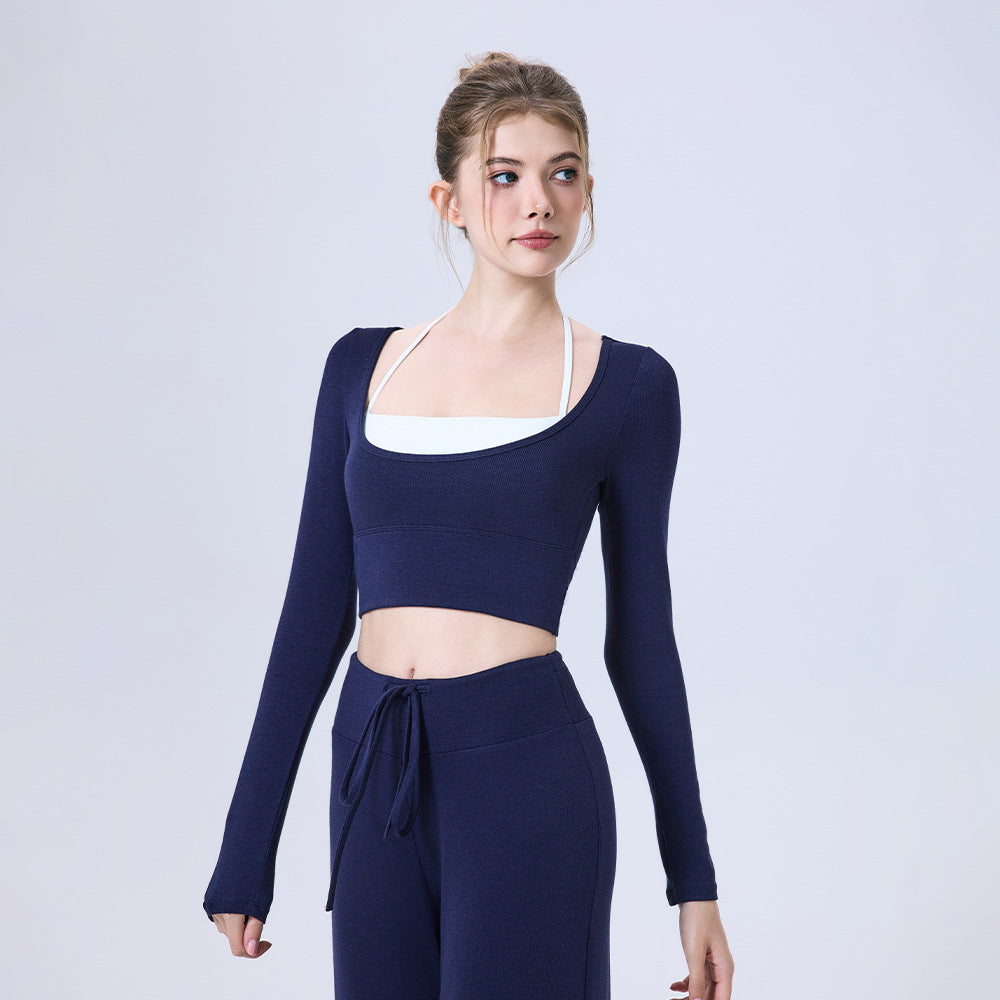 Nude Feel Contrast Color Yoga Clothes Long Sleeve Semi Fixed Cup Running Slim Sports Bra Breathable Workout Clothes Top
