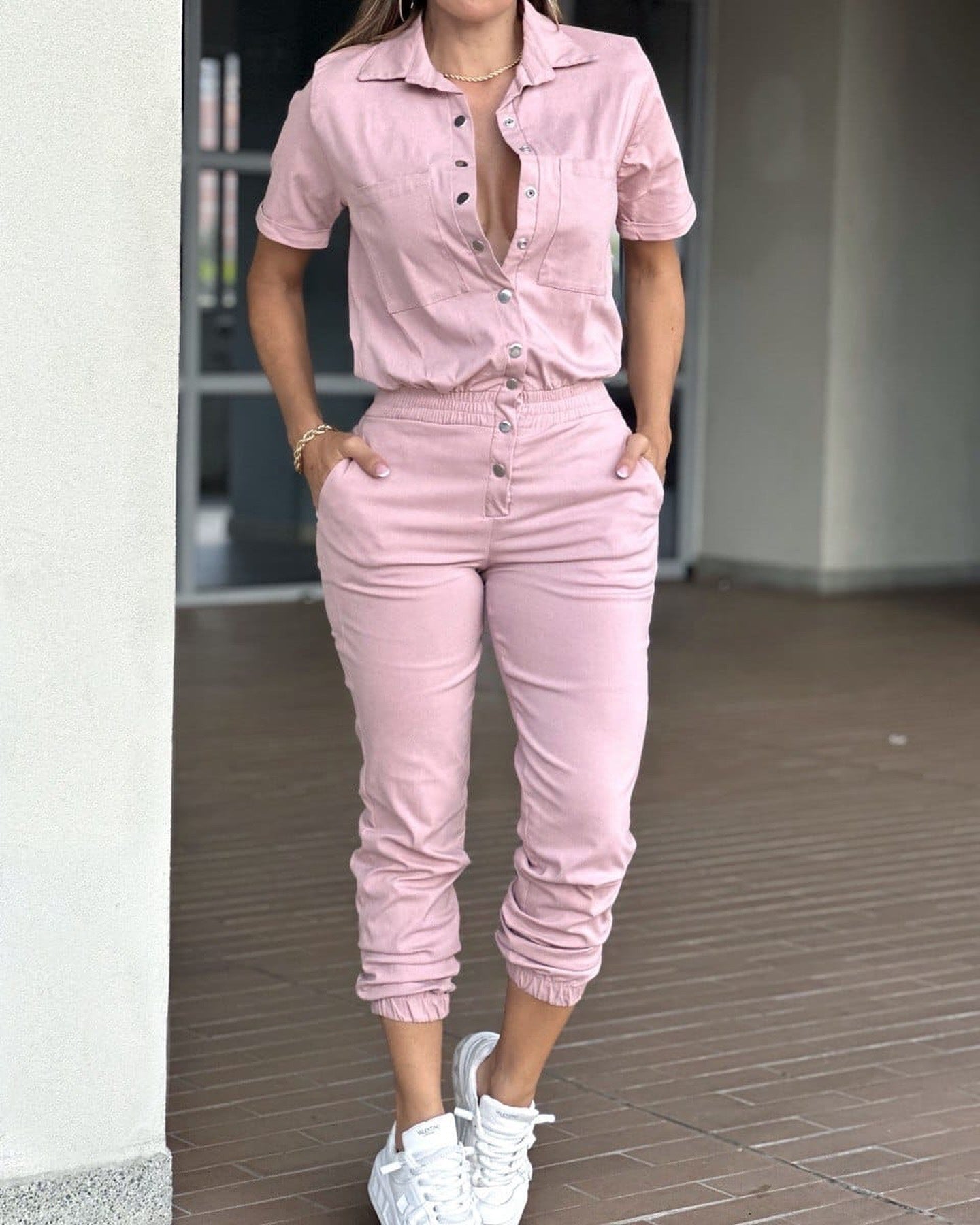 Casual Women Ankle Tied Jumpsuit Collared Pocket Waist Elastic Button Jumpsuit