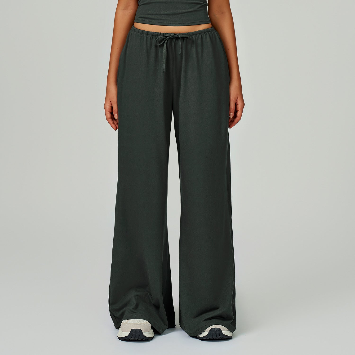 Sollinarry Brushed Trousers Embellished Wide Leg Loose Casual Pants Women Sports Fitness Elastic Drawstring Trousers