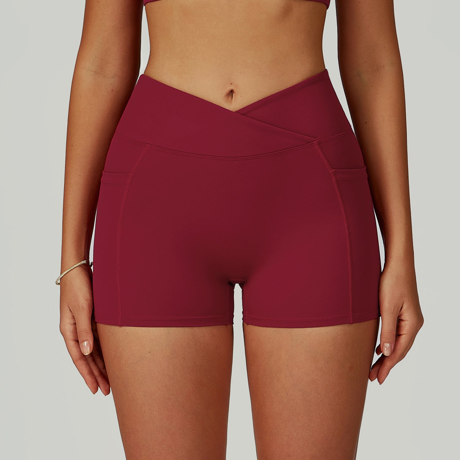Sollinarry Nude Feel High Waist Yoga Shorts Cross Waist Skinny Yoga Pants Outdoor Running Cycling Sports
