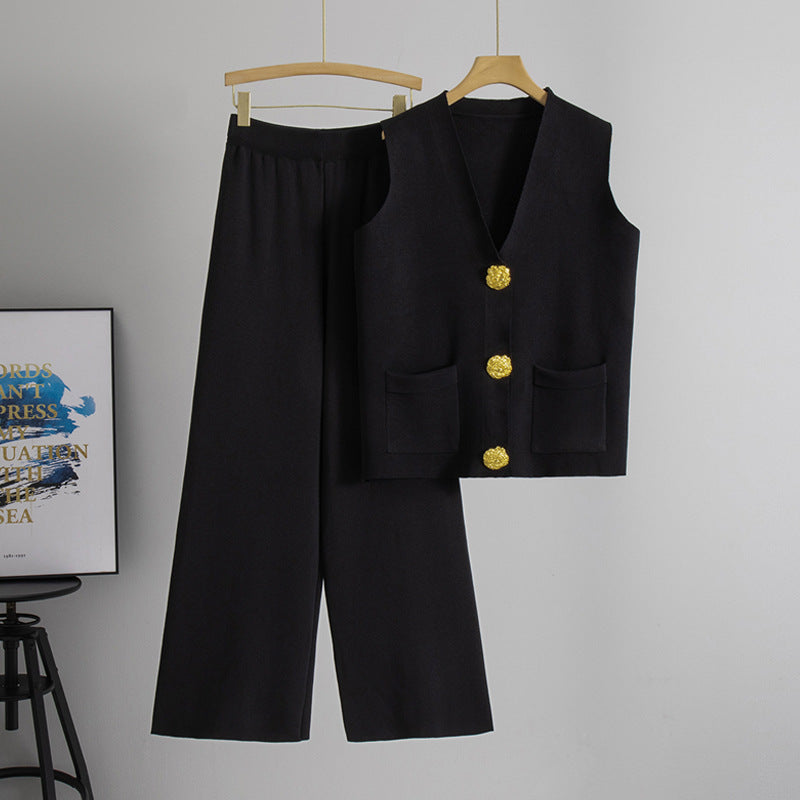 Summer Gold Button V neck Knitted Vest Casual Trousers Knitting Two Piece Sets
