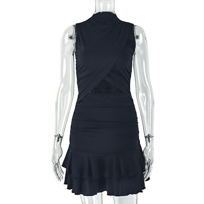 Solid Color Women Pleated Waist Tight A line Dress round Neck Cut out Ruffled Short Dress