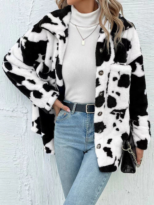 Best Seller in Double Sided Plush Cow Pattern Pocket Top Coat