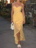 Early Autumn Women Wear High Grade Mesh Camisole Pleated Irregular Asymmetric Sleeveless Dress