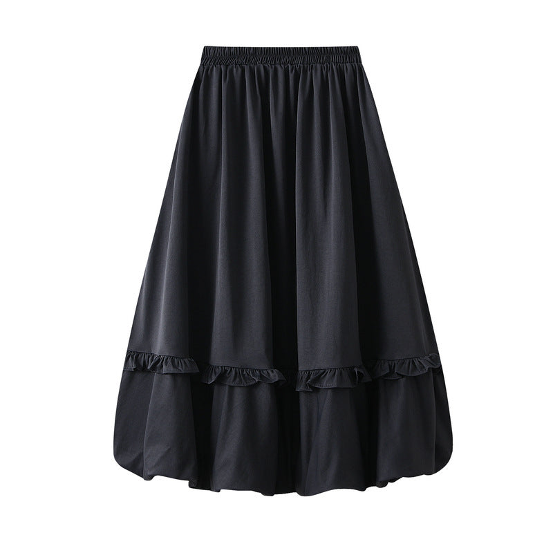 Elastic Waist Wooden Ear Pleated Bud Mid-Length Dress Women Autumn Cover Slimming All Matching Skirt