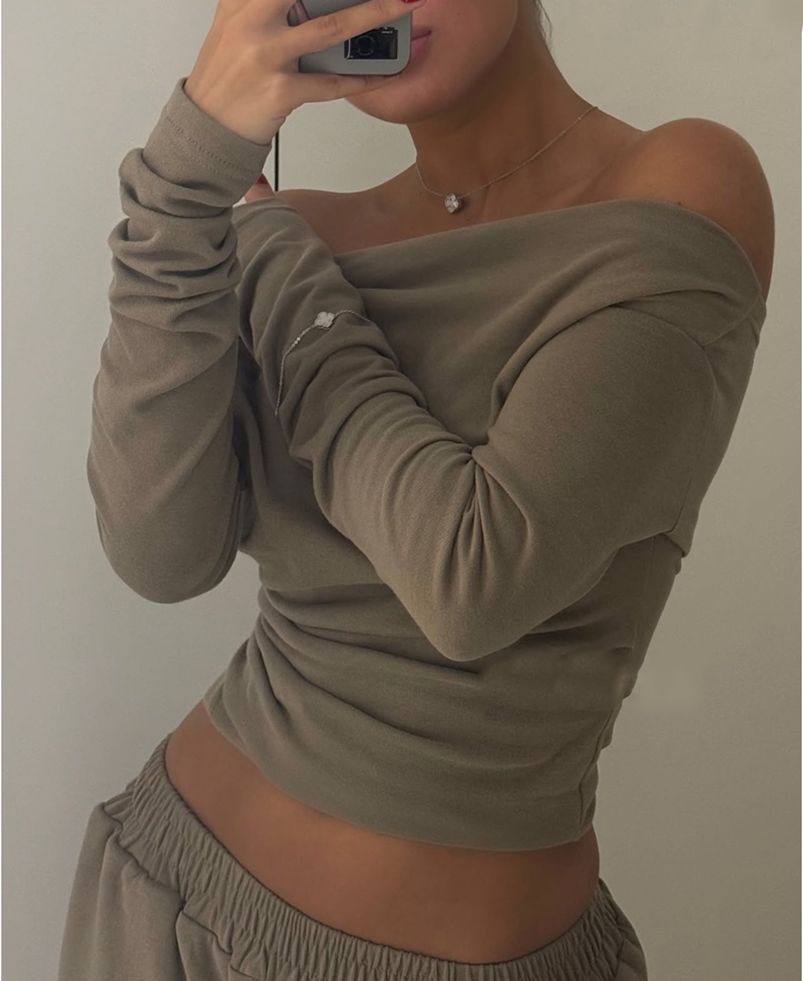 Fall off Neck Asymmetric Hem Long T shirt Straight Leg Trousers Casual Two Piece Sets