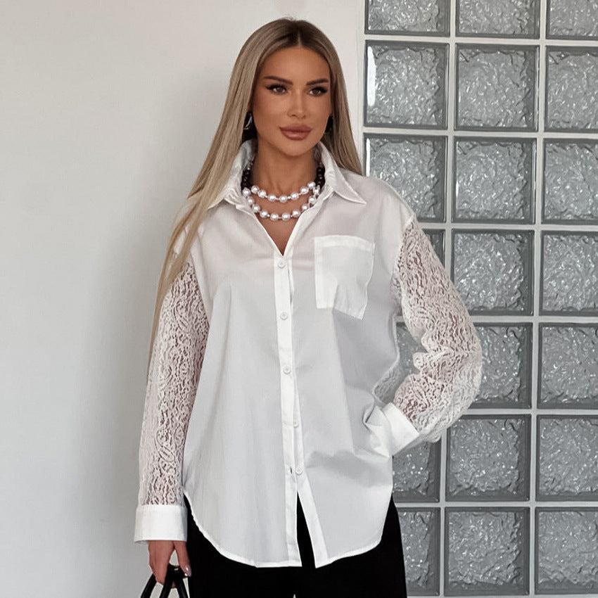 Spring Lace Stitching Hollow Out Cutout Backless Design Long Sleeve Collared Office Shirt for Women
