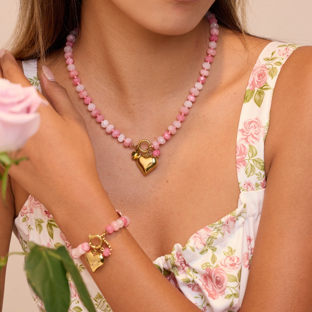 Simple All Match Office Elegant Jewelry Stainless Steel 18K Gold Plating Natural Stone Necklace Bracelet