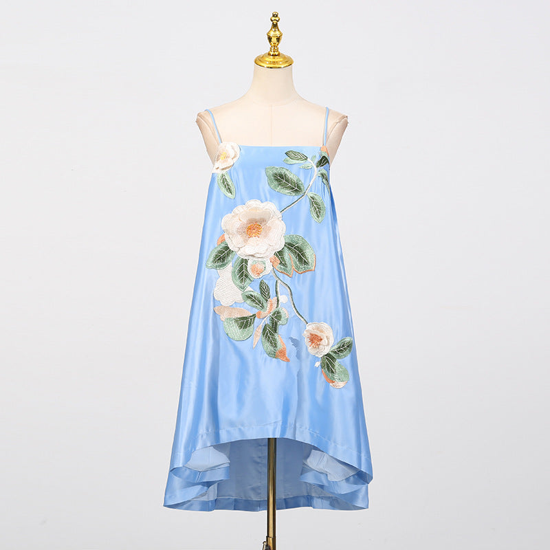 Chinese Retro Peony Embroidered Floral Suspender Slimming Short Women Clothing Loose Slimming Dress