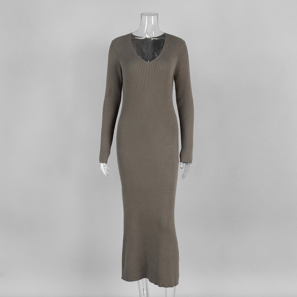 Solid Color Long Sleeve Dress Women Autumn Winter Elegant V neck Slim Hip Knitwear Dress