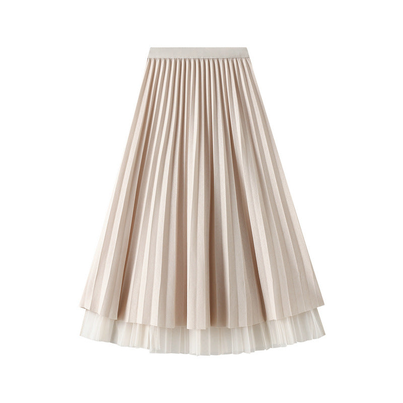 Bright Silk Pleated Skirt Mesh Skirt Women Mid Length Gauze Skirt Two Sided Wear