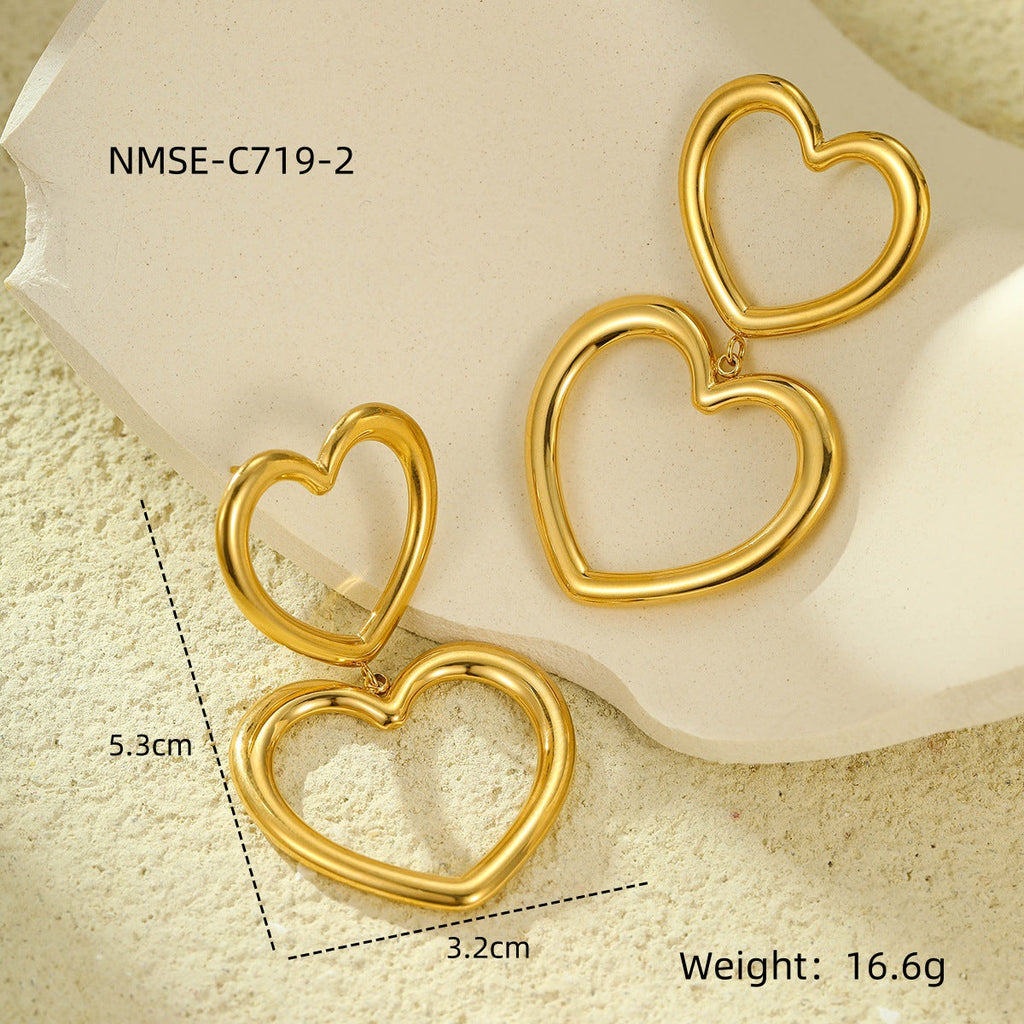 Stainless Steel Hollow Out Cutout Heart Tassel Embellished Earrings 18K Gold Plating Stainless Steel Peach Heart Stud Earring