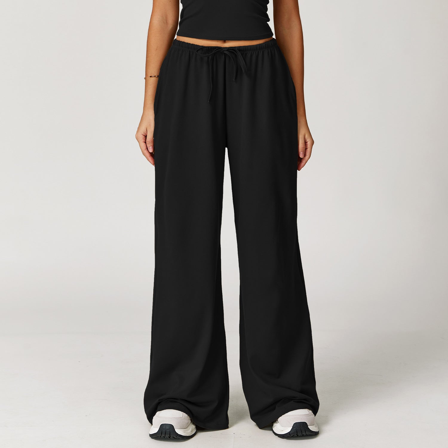Sollinarry Brushed Trousers Embellished Wide Leg Loose Casual Pants Women Sports Fitness Elastic Drawstring Trousers