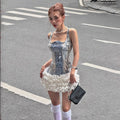 Women Clothing Fall Sexy Sling Sequin Contrast Color Slim Fit Dress