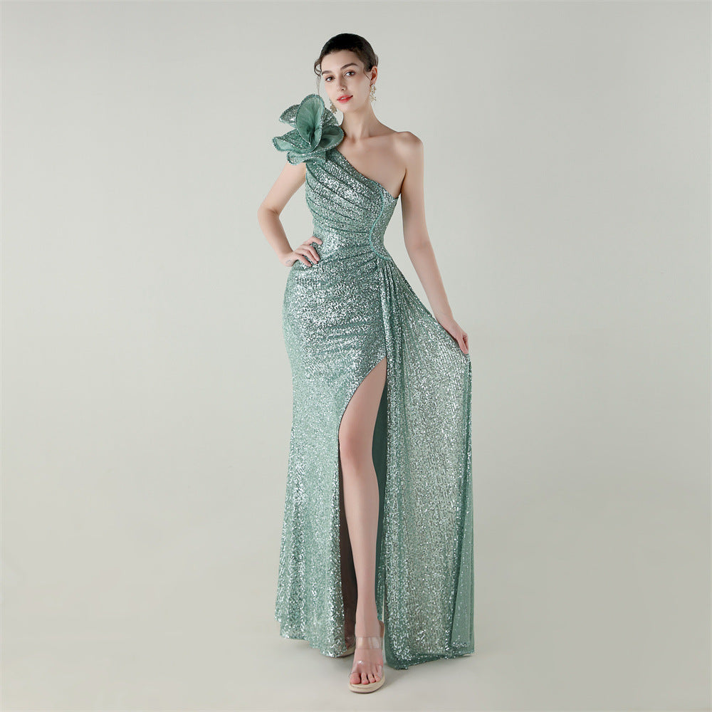 One Shoulder Sequin Craft Floral Beaded Slim Fishtail Evening Dress Award Ceremony High End Social Dress