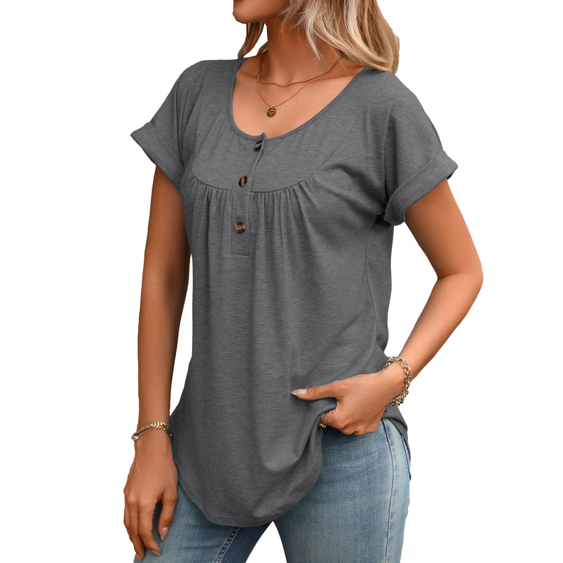 Summer Solid Color round Neck Button Loose Short Sleeve T shirt Top Women