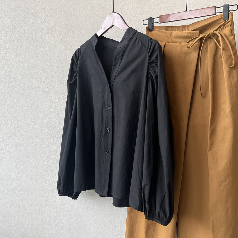 Stand Collar Shirt Women Spring Pleated Puff Sleeve Baby Shirt