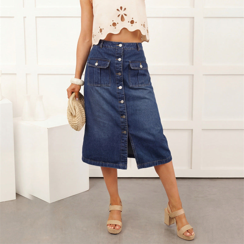Spring Retro One Breasted Split High Waist Figure Flattering Sheath A line Skirt
