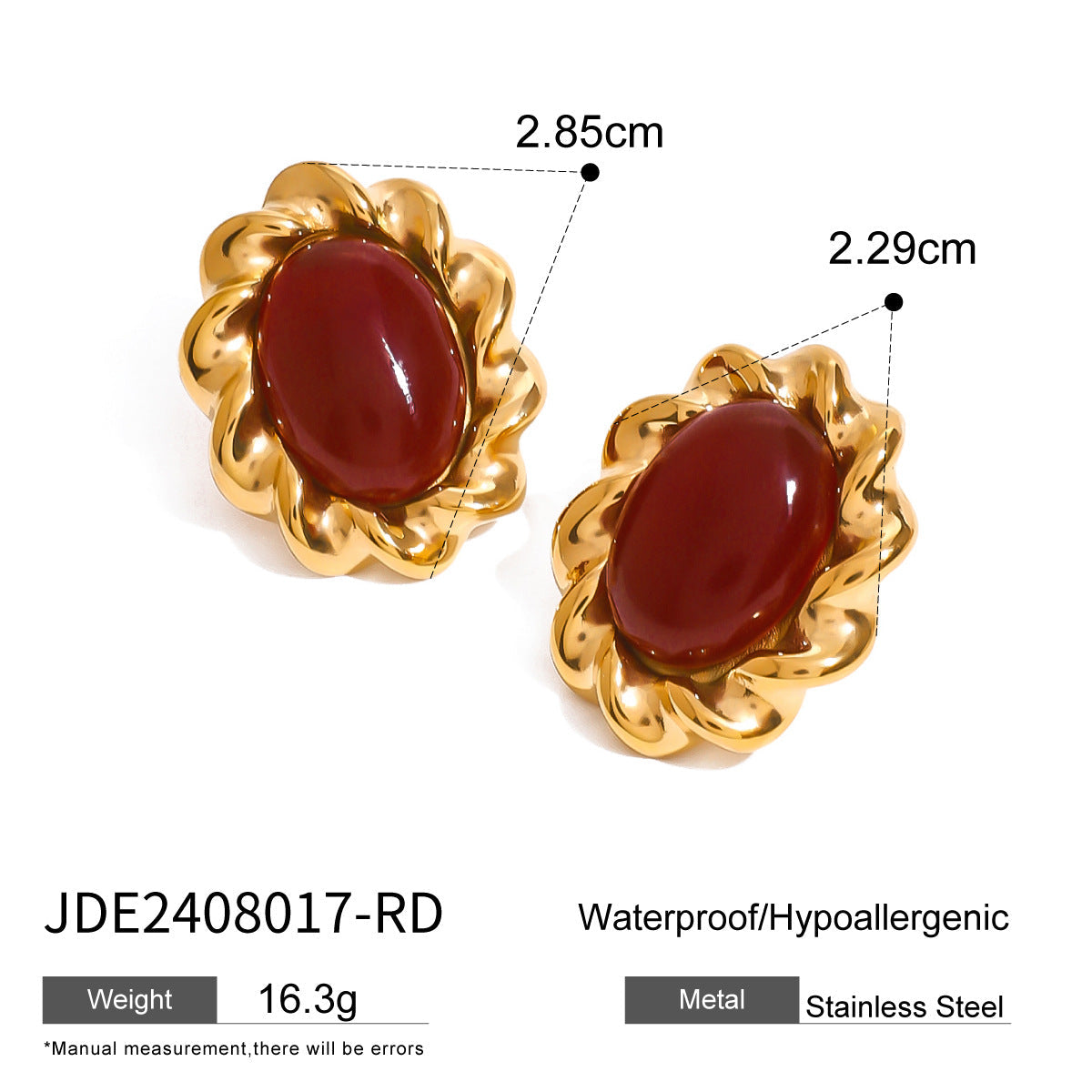 Stainless Steel Retro Heavy Duty Gemstone Earrings Inlaid Red Agate Embellished Niche Twist Weave Ornament