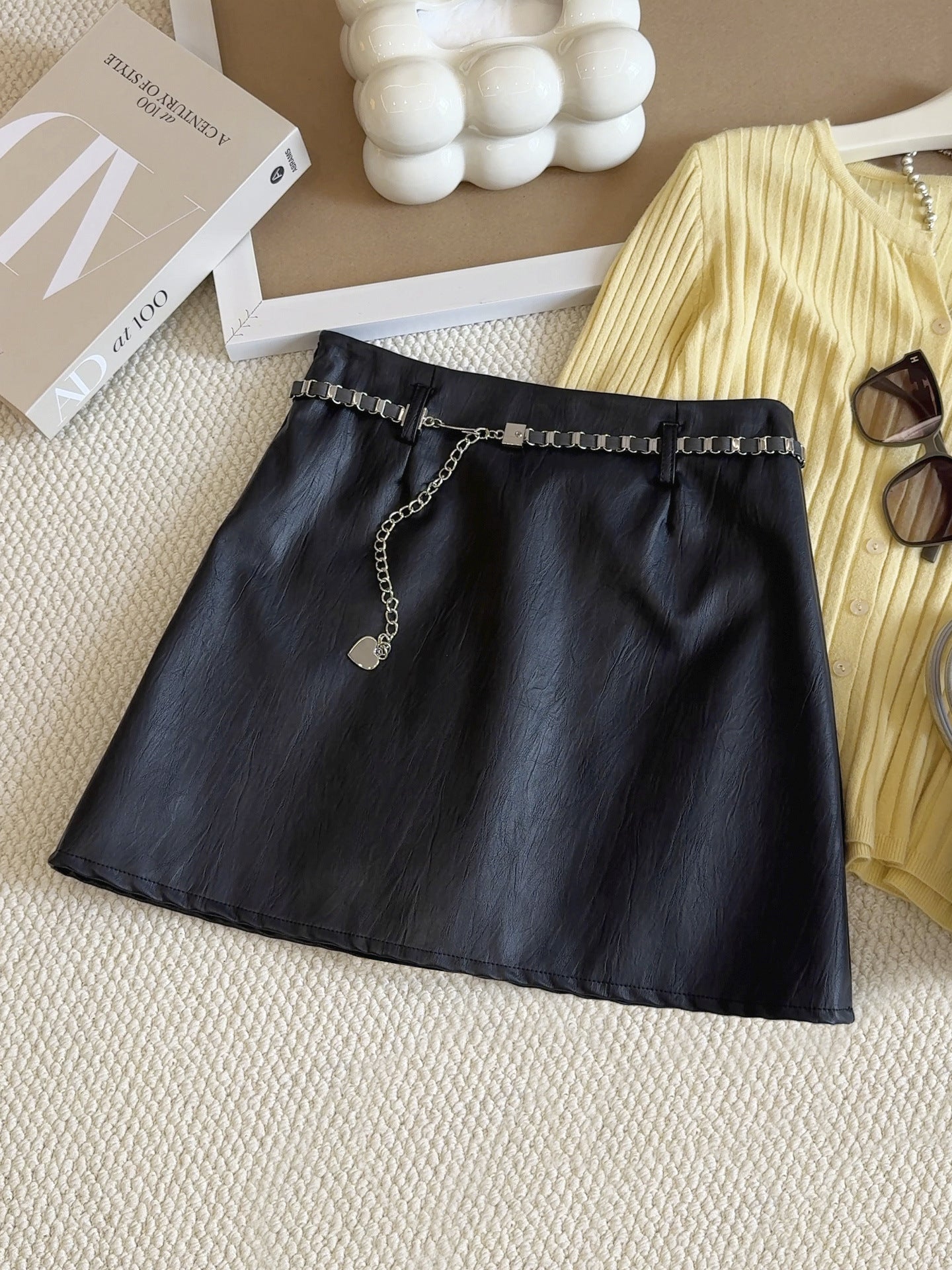Brown Super Popular Faux Leather Skirt Skirt Women Spring Autumn A line Skirt Design Chain Anti Exposure Slim Fit Hip Skirt