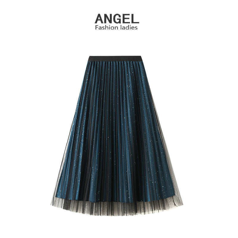 Bright Silk Pleated Skirt Mesh Skirt Women Mid Length Gauze Skirt Two Sided Wear