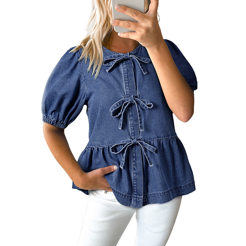 Summer Solid Color Denim Shirt Women Casual All Matching Pullover round Neck Puff Sleeve Top Women