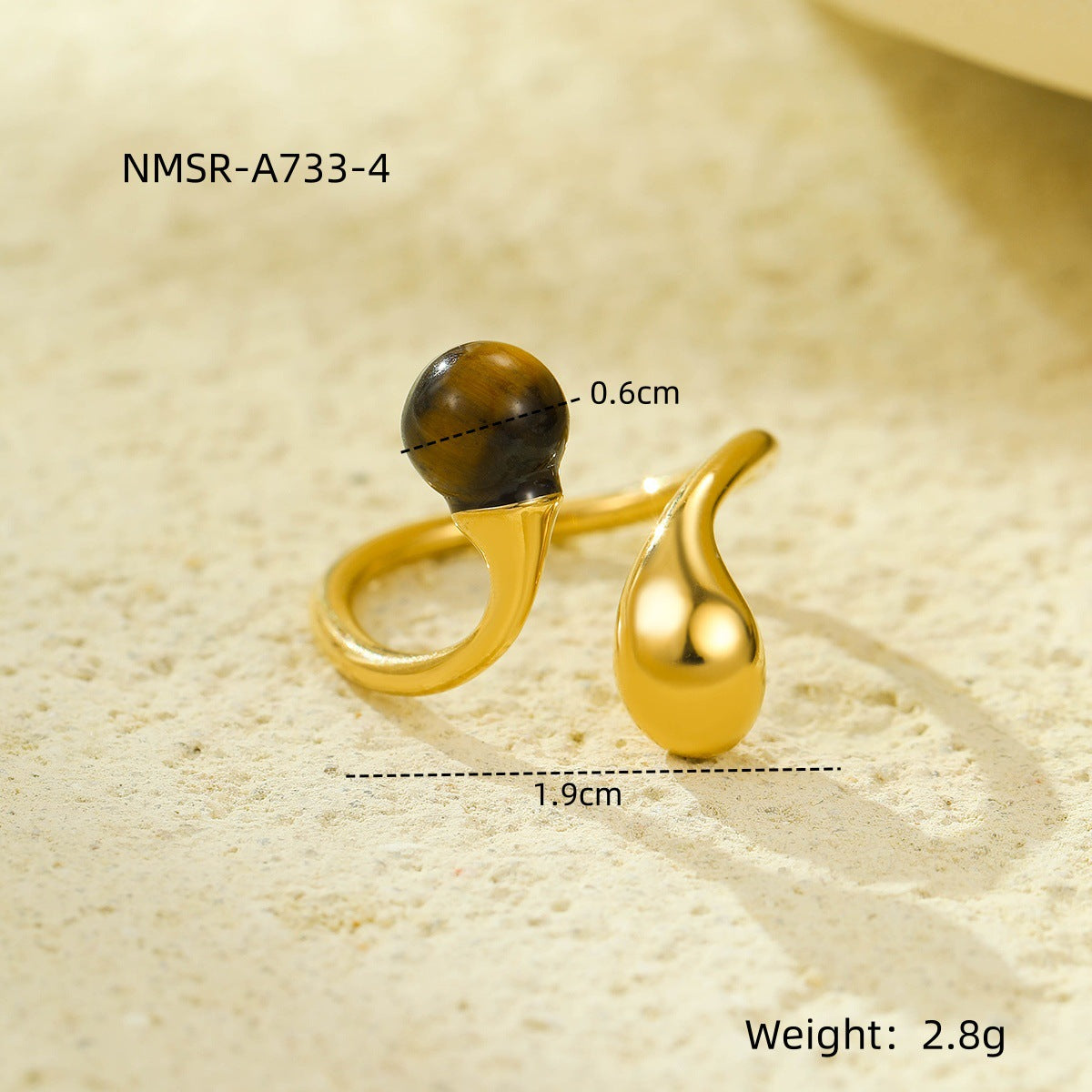 Stainless Steel Irregular Asymmetric Geometric Abstract Open Ring with Natural Stone Does Not Fade 18K Ring Bracelet