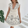 Summer Smocking Short Dress Casual Lotus Leaf Stitching Vacation Printing Dress