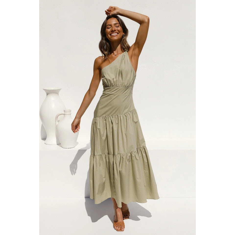 Spring Summer One-Shoulder Knotted Solid Color Fresh Long Sweet Dress