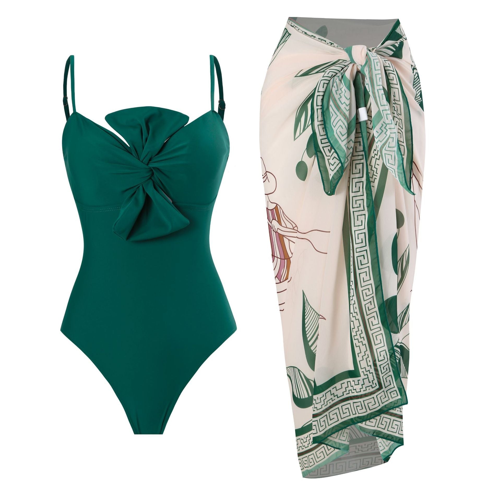 Bow Solid Color One Piece Women Swimwear Suit French Retro Cover Belly Slimming Swimsuit