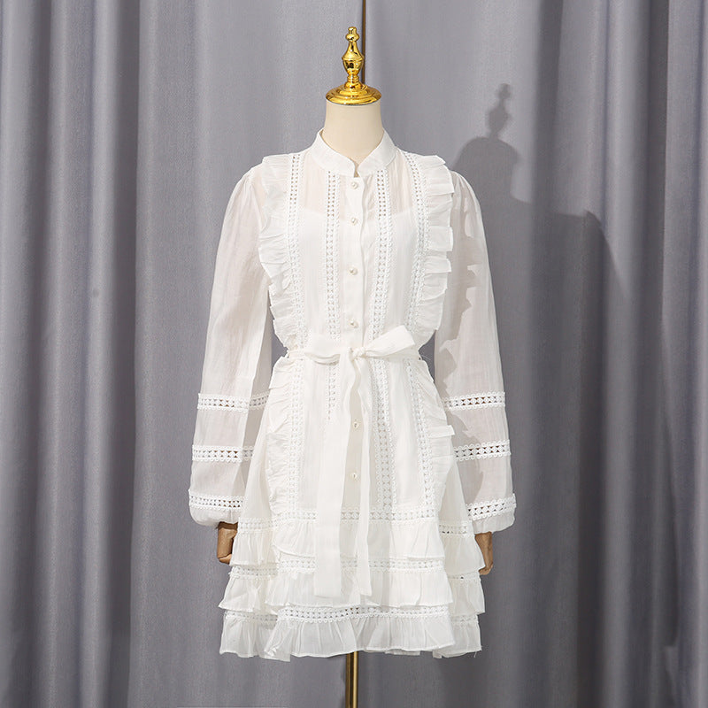 Spring Waist Controlled Short Skirt Stitching Single Breasted Vacation Lace up Dress Women Short Women Clothing