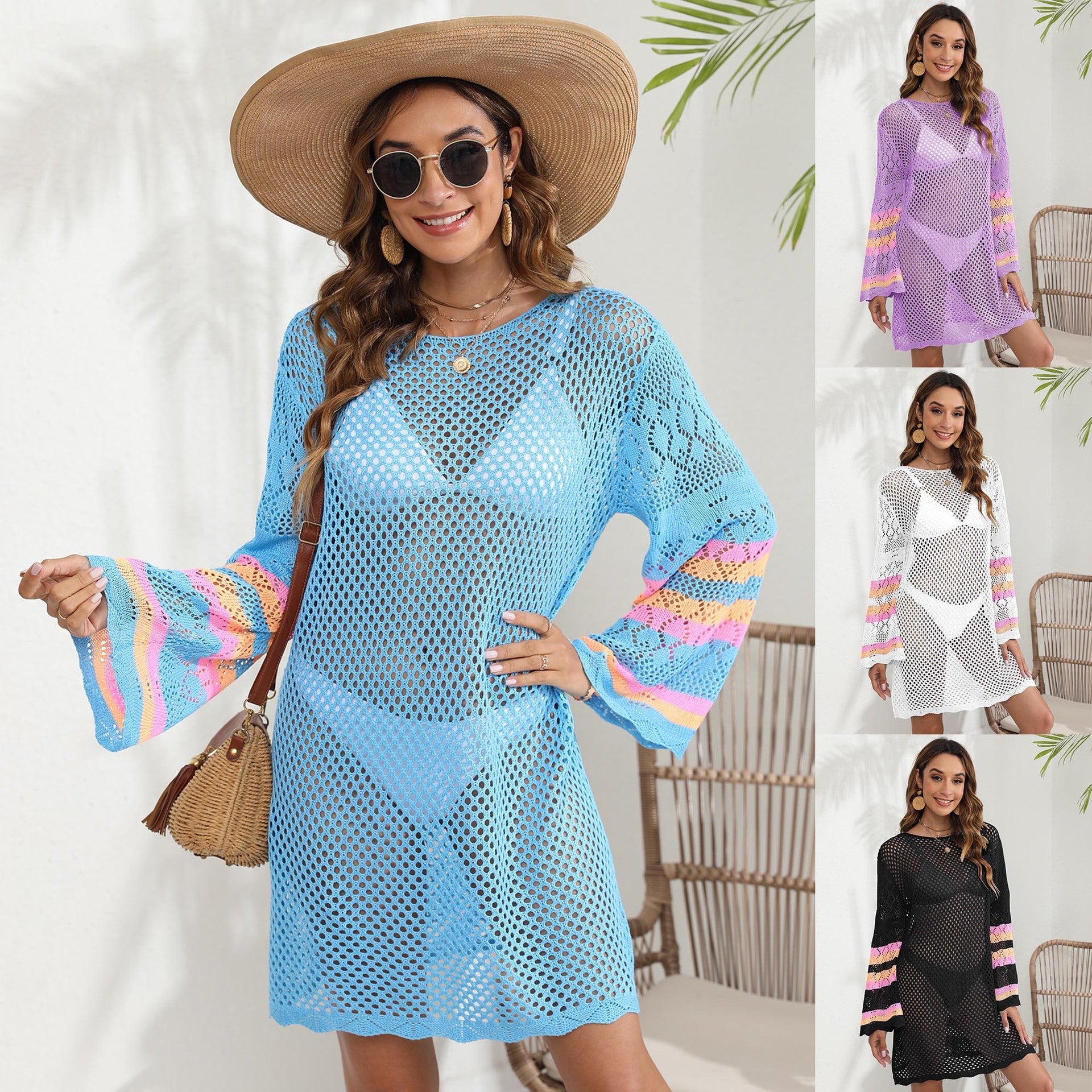 Women Beach Vacation Blouse Women's Clothing Color Contrast Patchwork Bikini Cover up Dress
