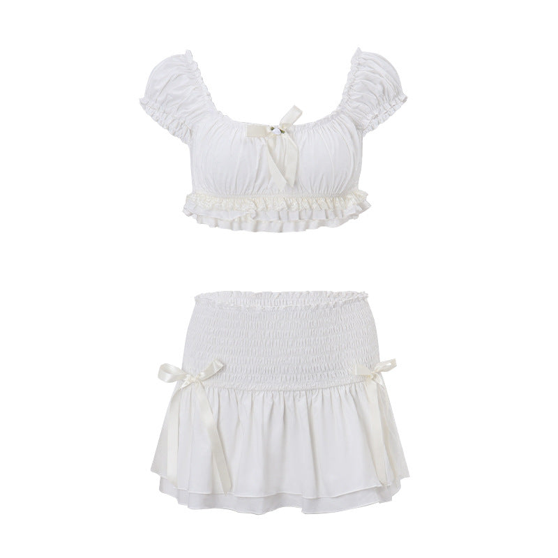 Spring Women Clothing Sexy Short Puff Sleeve Top Low Waist Slim Skirt Set