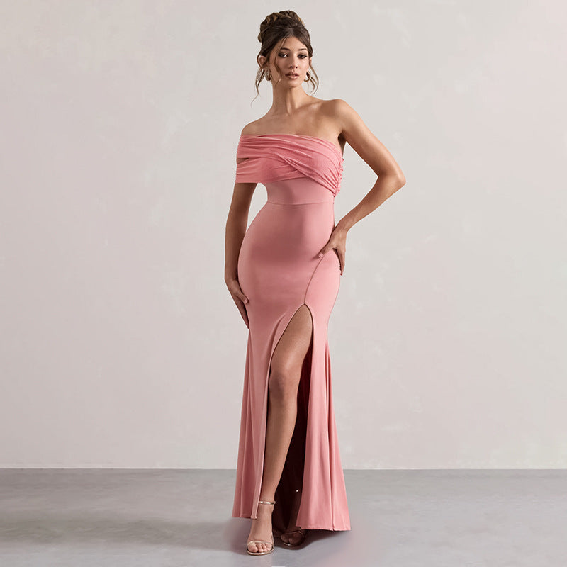Autumn Socialite Sexy Mesh Stitching off Shoulder Split Dress Women