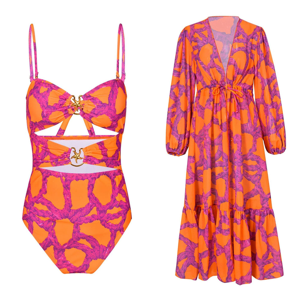 Hollow Out Cutout Out Strap One Piece Swimsuit Women Swimwear Two Piece Blouse Printing