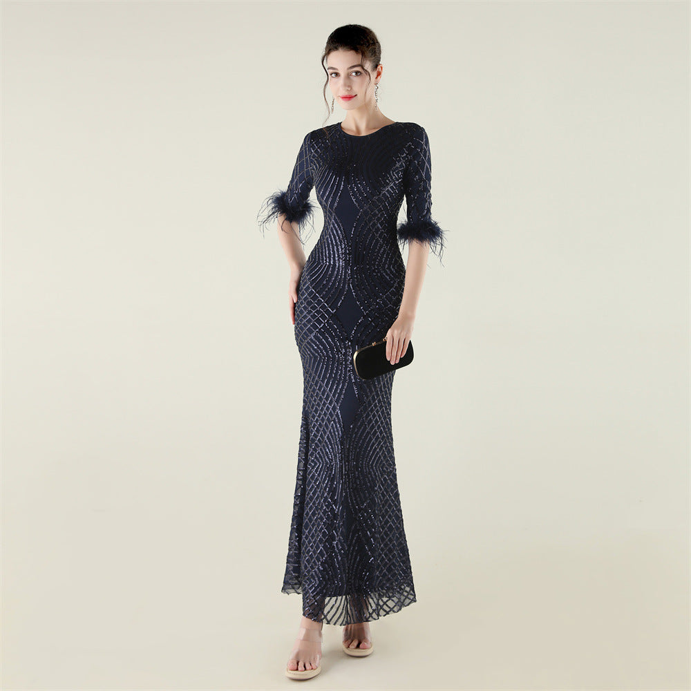 Positioning Floral Sequin Craft Order Ostrich Feather Decorative Evening Dress Long Sleeve Fishtail Cinched Peplum