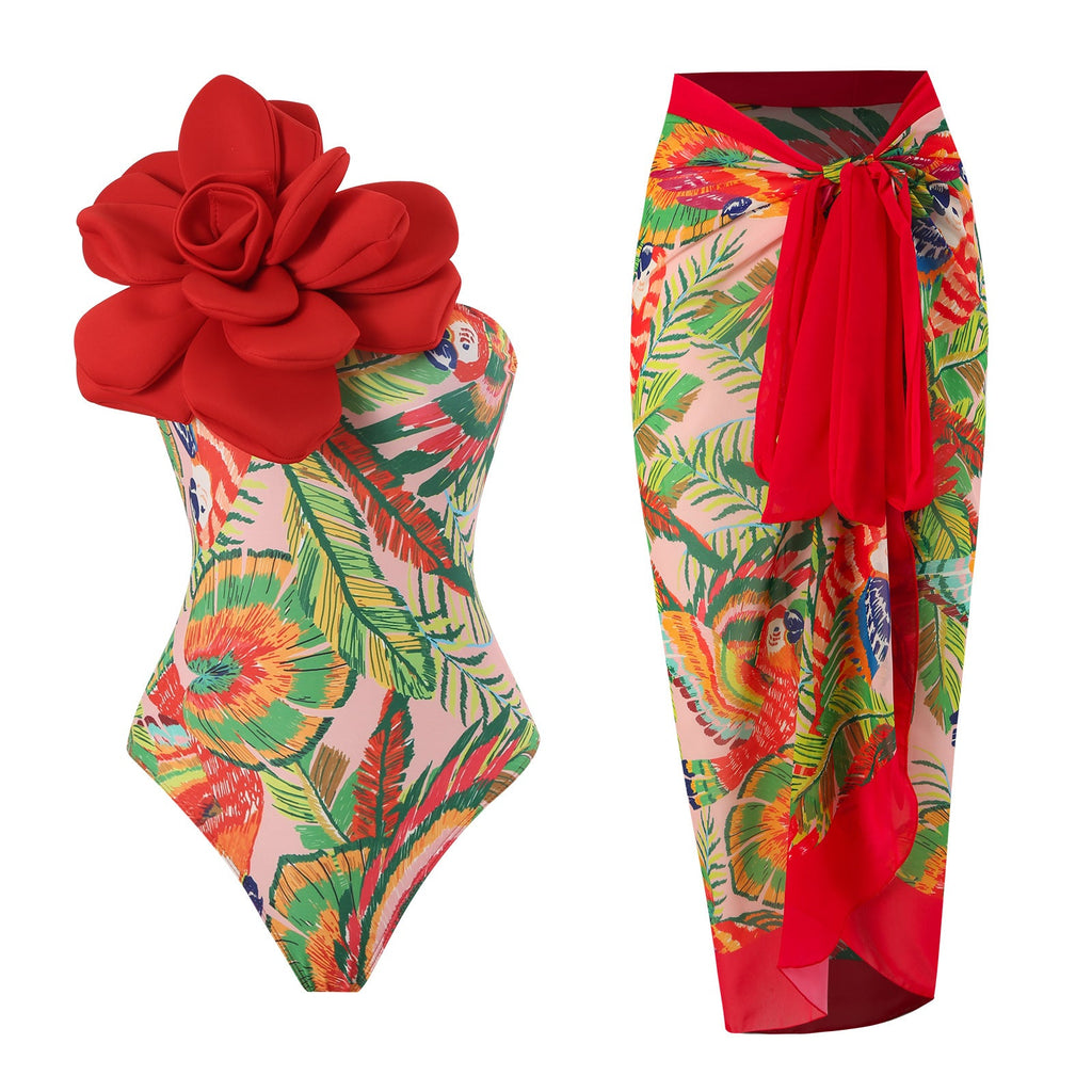 One Piece Swimsuit Women Skinny Slimming Big Floral Swimsuit Outfit Chiffon Dress