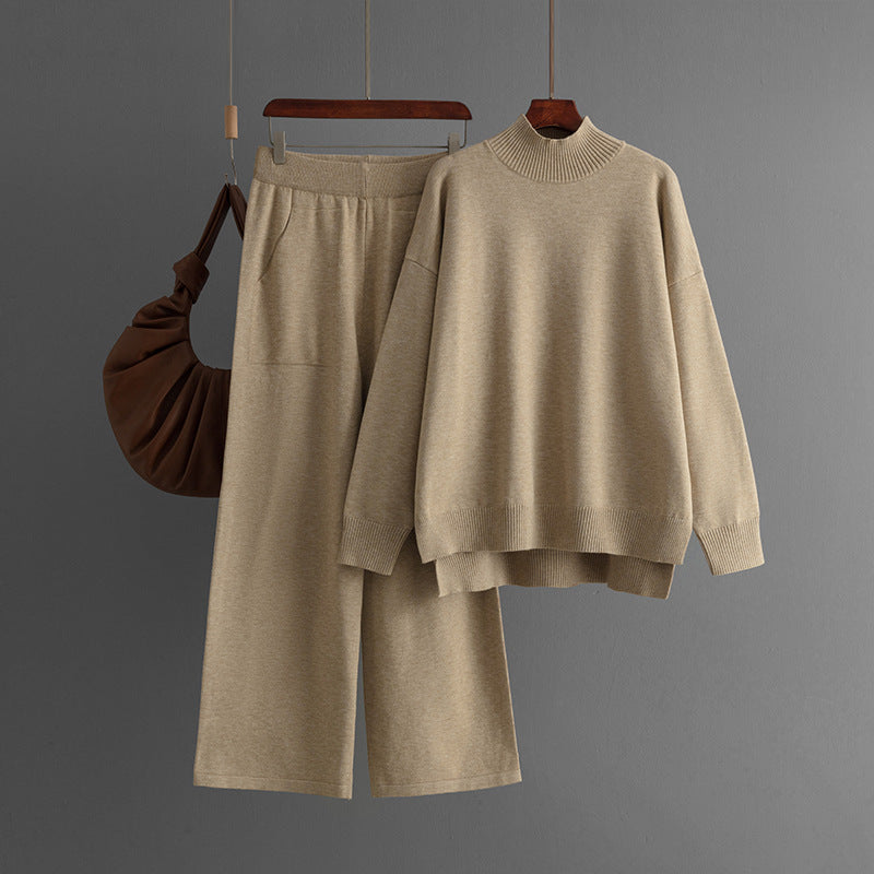 Solid Color Knitted Half Turtleneck Slit Sweater Women Fall Winter Casual Two Piece Sweater