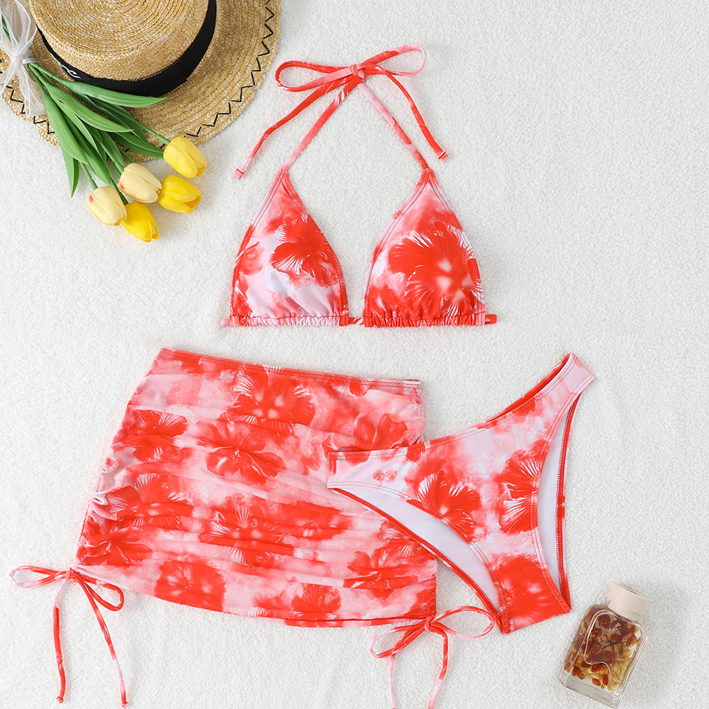 Bikini Mesh Drawstring Slim Sexy Slim Printed Bikini Three Piece Sets Swimsuit