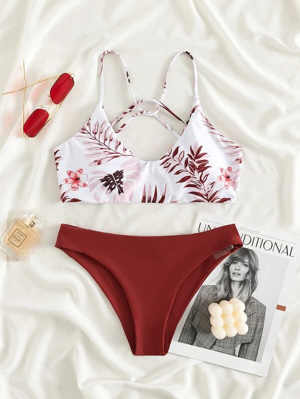 Bikini Swimsuit Criss Cross Split Floral Bikini U Shaped Decorative Swimming Tide Swimsuit