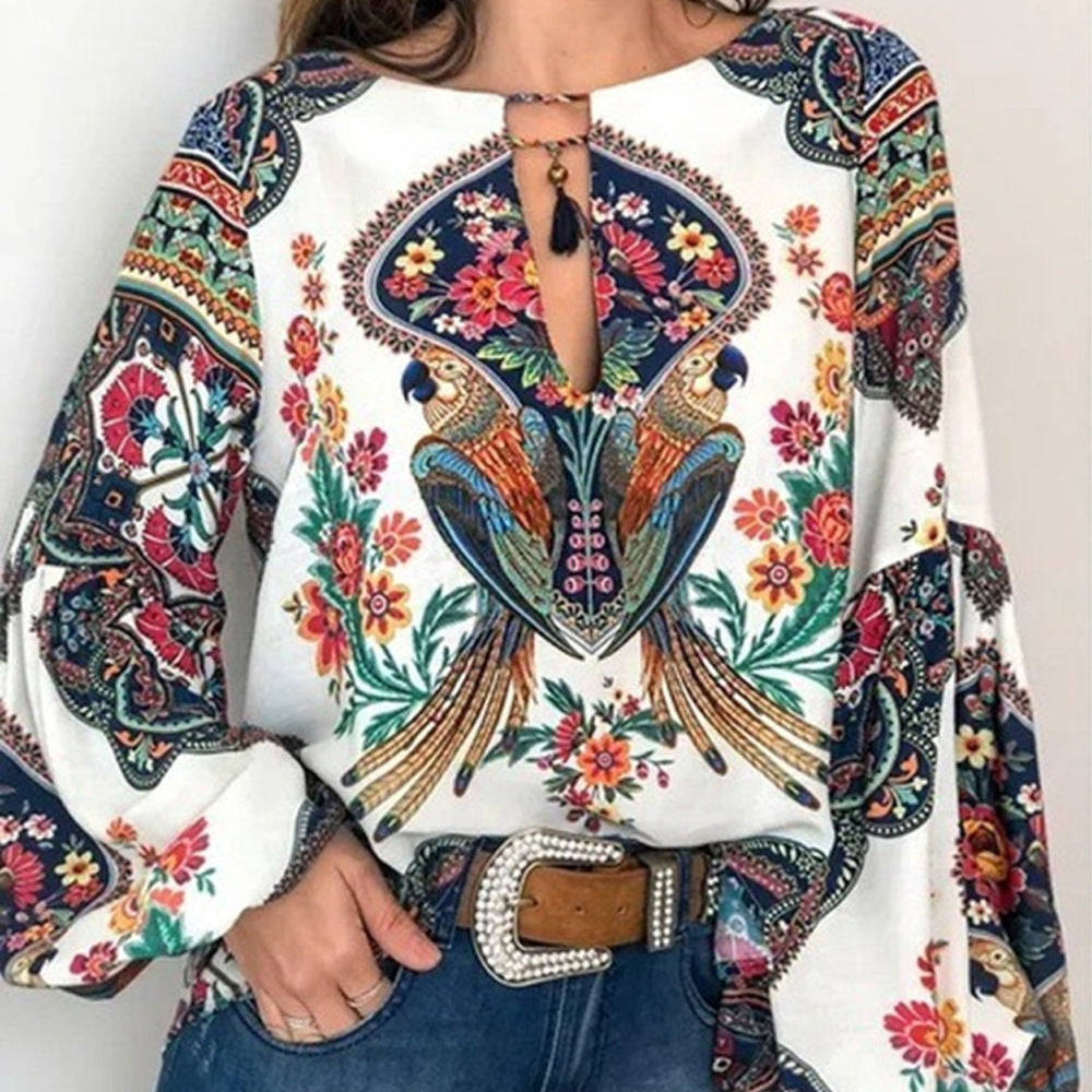 Spring Summer Women Clothing Special Women Clothing Digital Printed round Neck Lantern Sleeve Shirt