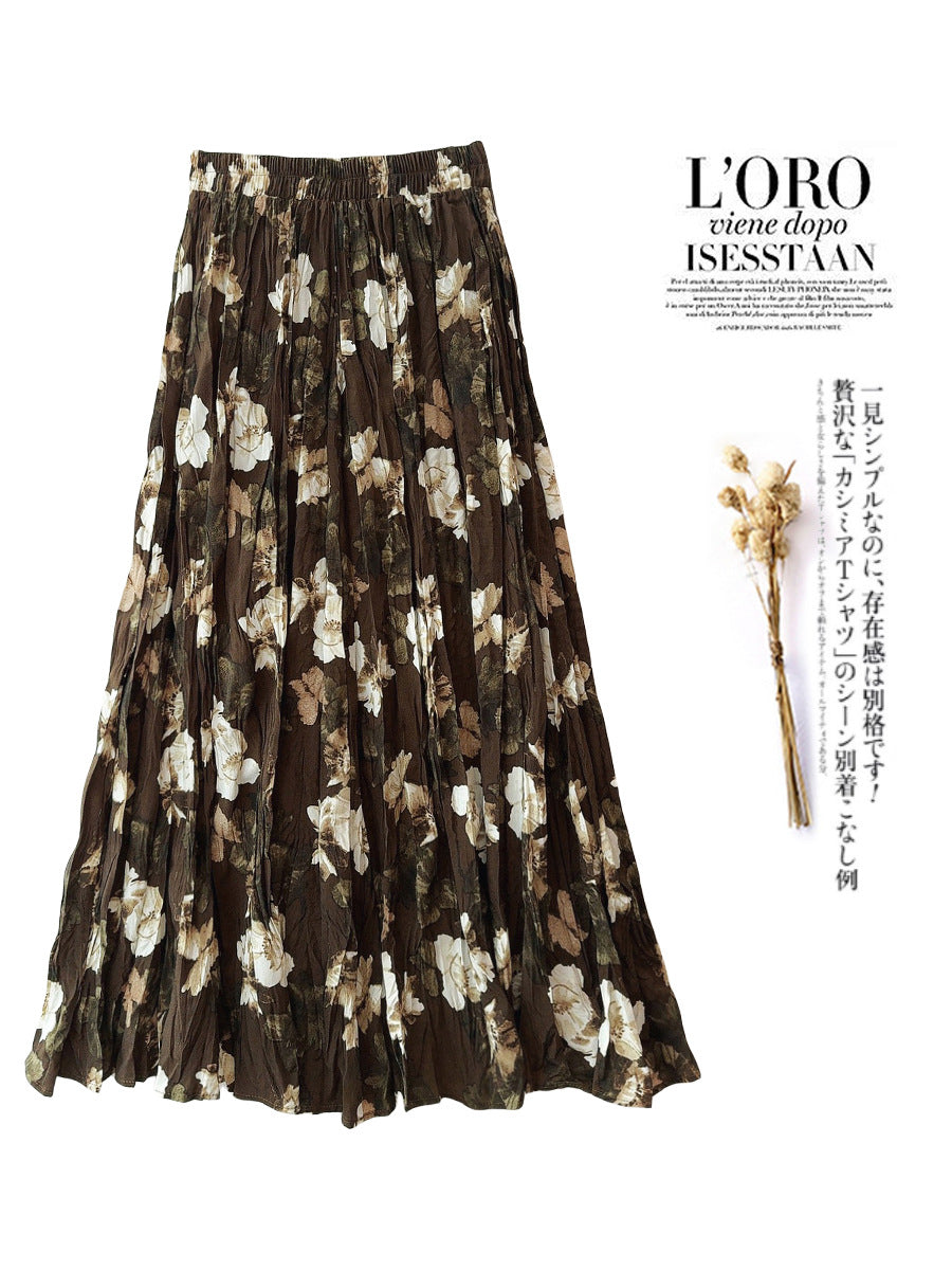 Camellia Retro Pleated Skirt Summer Printed Cover Slimming Large Hem Casual Dress