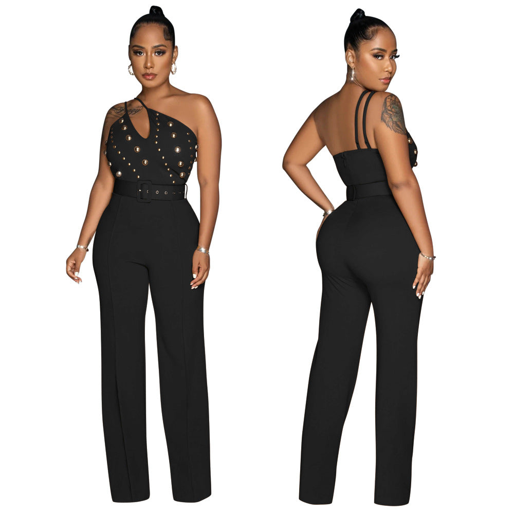 Solid Color Jumpsuit Slim Fit One Shoulder Wide Leg Pants Women