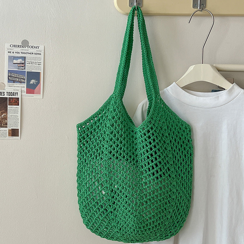 Casual Large Capacity Cotton Thread Woven Bag Hollow Out Cutout Straw Bag Idle Shoulder Bag Vacation Beach Bag Women Bag