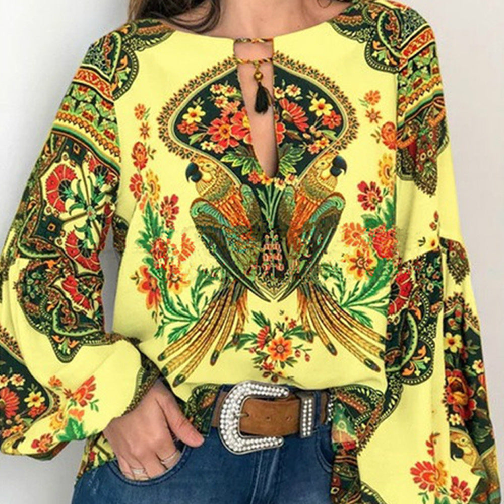 Spring Summer Women Clothing Special Women Clothing Digital Printed round Neck Lantern Sleeve Shirt