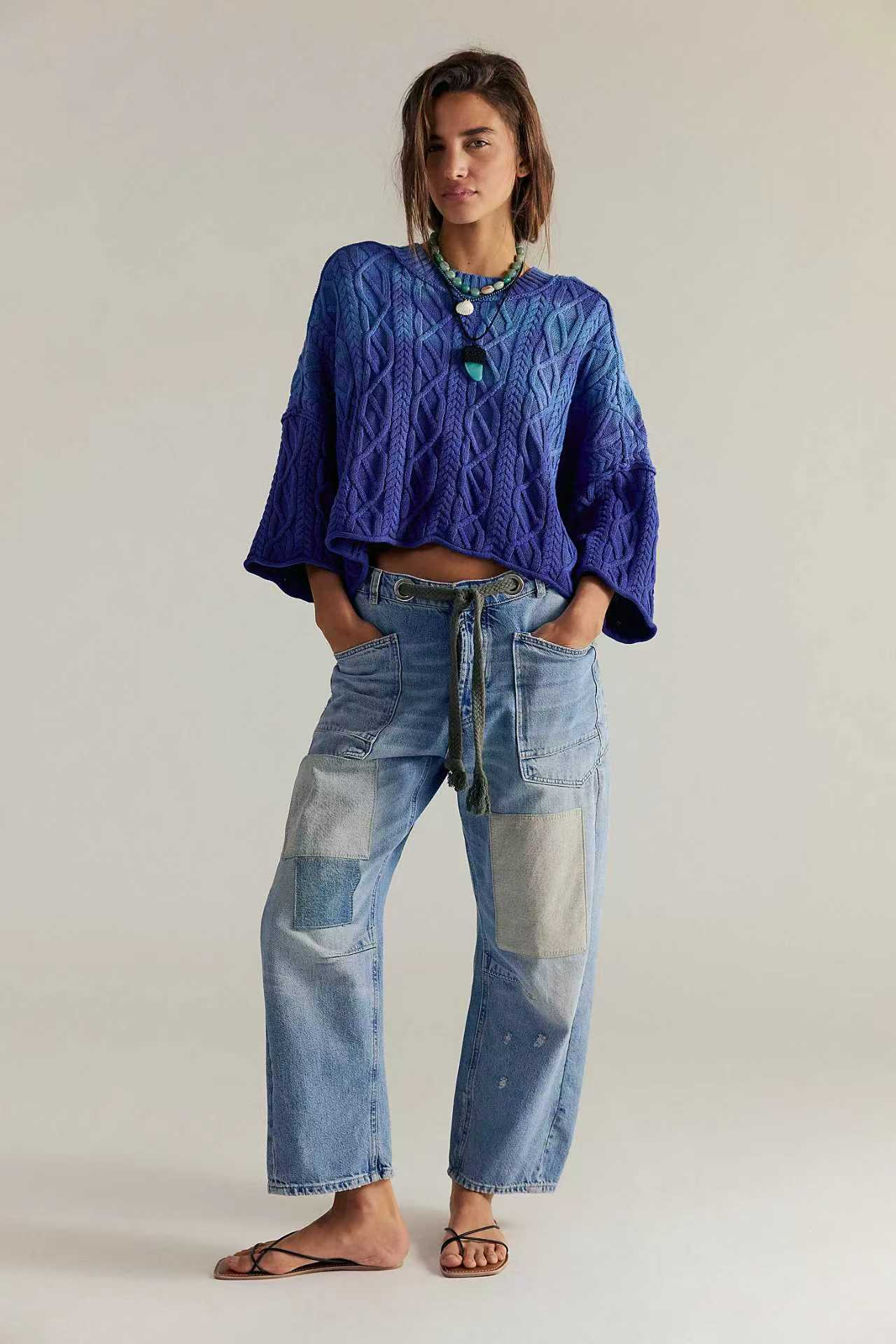 Eight Colors Retro Washed Stitching Patchwork Splash Ink Straight Drawstring