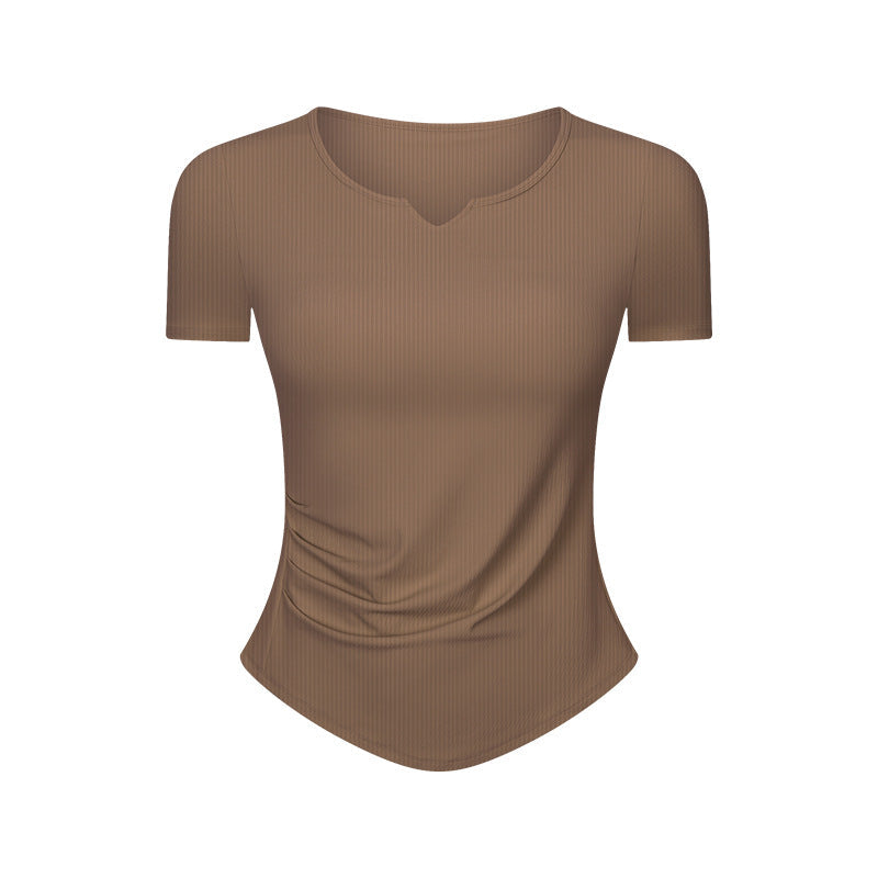 Stripe Rib Pleated Small V neck Sports Short Sleeve Women Fitness Running Slim Slimming Yoga Jacket